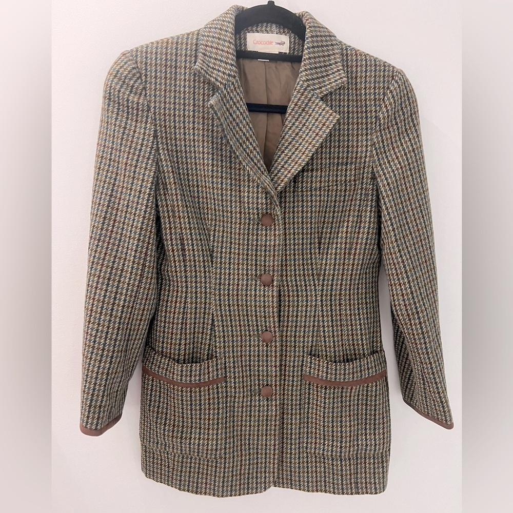 Crocodile Wool Houndstooth Blazer w/ Velvet Trim